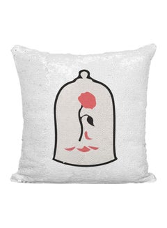 Buy Beauty And The Beast Rose Printed Sequined Throw Pillow Silver/White/Red 16x16inch in UAE