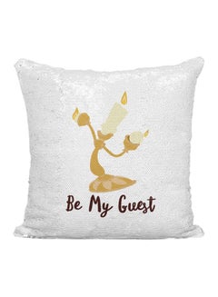 Buy Be My Guest Printed Sequined Throw Pillow Silver/White/Yellow 16x16inch in UAE