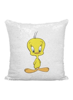 Buy Tweety Bird Printed Sequined Throw Pillow Polyester Silver/White/Yellow 16x16inch in UAE