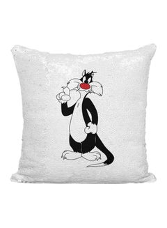 Buy Sylvester Sequined Throw Pillow polyester Silver/White/Black 16x16inch in UAE