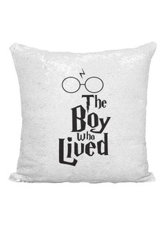 Buy Harry Potter Quote Printed Sequined Throw Pillow Silver/White/Black 16x16inch in UAE