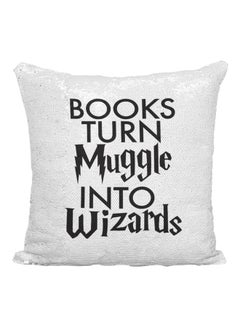 Buy Harry Potter Quote Printed Sequined Throw Pillow Silver/White/Black 16x16inch in UAE