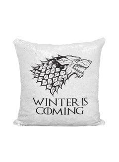 Buy Game Of Thrones House Stark Winter Is Coming Sigil Printed Sequined Throw Pillow Silver/White/Black 16x16inch in Saudi Arabia