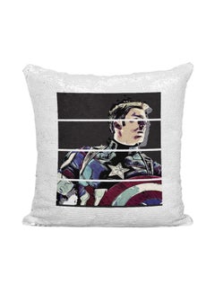 Buy Captain America Printed Sequint Throw Pillow polyester Silver/White/Red 16x16inch in UAE