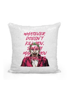 Buy Kill You Joker Printed Sequined Throw Pillow Polyester Silver/White/Pink 16x16inch in UAE