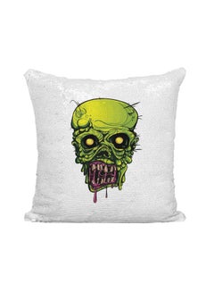 Buy Zombie Skull Printed Sequined Throw Pillow Silver/White/Green 16x16inch in UAE