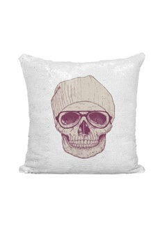 Buy Nerd Zombie Skull Printed Sequined Throw Pillow Silver/White/Brown 16x16inch in UAE