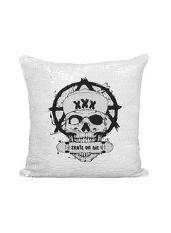 Buy Skate Or Die Printed Sequined Throw Pillow Silver/White/Black 16x16inch in UAE