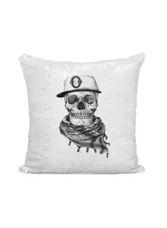 Buy Skull Printed Sequined Throw Pillow Silver/White/Black 16x16inch in UAE