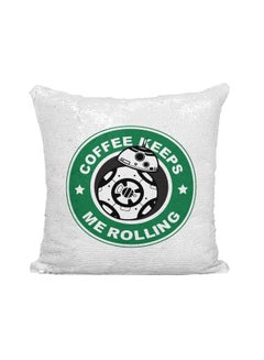 Buy Starbucks Coffee Keeps Me Rolling Printed Sequined Throw Pillow Silver/White/Green 16x16inch in UAE