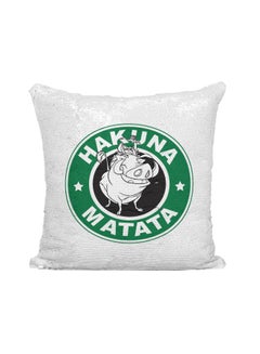 Buy Starbucks Lion King Hakuna Matata Printed Sequined Throw Pillow Polyester Silver/White/Green 16x16inch in UAE