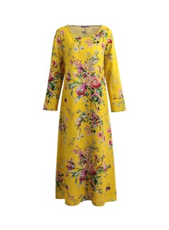 Buy Long Sleeves Floral Dress Yellow in UAE