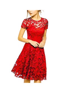 Buy Short Sleeve Lace Mini Dress Red in UAE