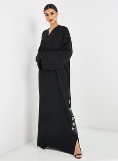 Buy Simple Floral Embroidered Abaya Black in UAE