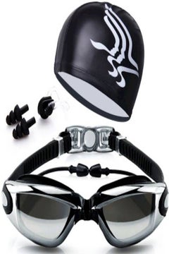 Buy Hd Waterproof Swimming Goggles And Swimming Cap With Goggles Frame Plating Black in UAE