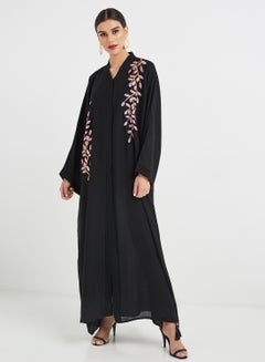 Buy Leaf Design Embroidery Abaya Black in UAE