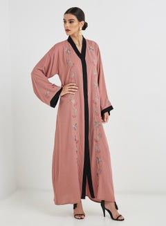 Buy Floral Embroidered Abaya Pink/Black in UAE