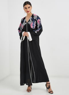 Buy Floral Embroidered Abaya Black in UAE