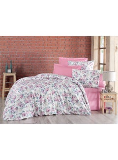 Buy 4-Piece Duvet Cover Set With Fitted Sheet Queen Size Cotton Pink/White/Green in UAE