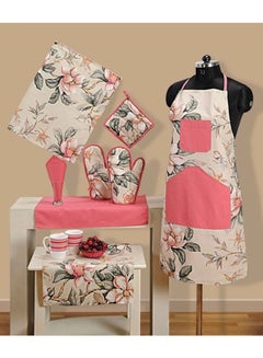 Buy 8-Piece Printed Cotton Apron Set Beige/Pink/Green in Egypt