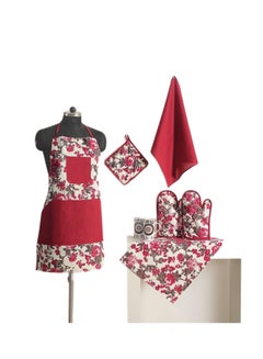 Buy 8-Piece Printed Cotton Apron Set White/Pink/Red in Egypt