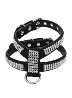 اشتري Adjustable Puppy Dog Faux Leather Shiny Rhinestone Harness Chest Strap Collar Black/White في السعودية