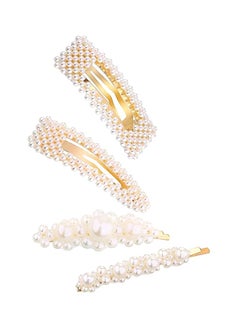 Buy 4-Piece Pearl Hair Clips Gold/White in Saudi Arabia