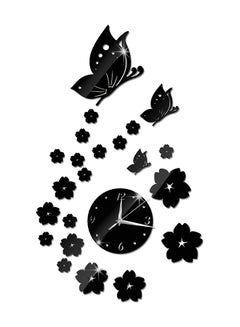 Buy Mirror Wall Stickers 3D Clock Butterfly Pattern CA005 Living Room Decoration Black/Silver in UAE