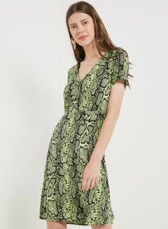 Buy Snake Print  Short Sleeve Midi Dress Green in Saudi Arabia