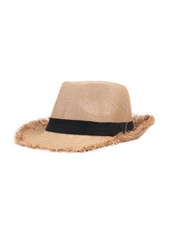 Buy Straw Fedora Raw Brim Fringing Hat Light Brown in Saudi Arabia