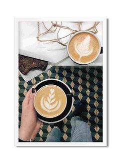 Buy Two Cups Of Cappuccinos With Chocolate Cookie On Table Wall Art Painting Multicolour 32x22x2centimeter in Saudi Arabia