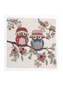 Buy The Couple Of Owl On Tree Printed Cushion Cover cotton White/Brown/Red 18x18inch in UAE