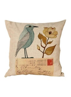 Buy Bird Printed Cushion Cover linen Beige/Blue/Brown 45x45cm in UAE