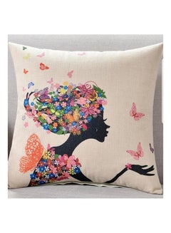 Buy Flower Lady Printed Decorative Cushion Cover Beige/Black/Red 45x45cm in UAE