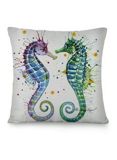 Buy Sea Horses Printed Decorative  Cushion Cover linen White/Blue/Green 40x40cm in UAE