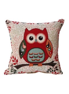 Buy Owl Printed Cushion Cover linen Red/Green/White 45x45cm in UAE