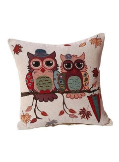 Buy Owl Printed Cushion Cover linen Brown/Black/Red 45x45cm in UAE