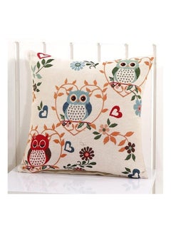 Buy Owl Printed Cushion Cover linen Beige/Red/Blue 45x45cm in UAE