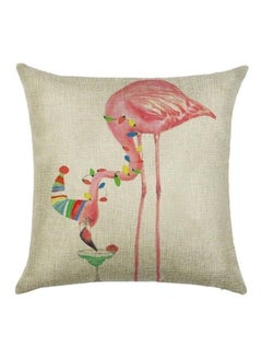 Buy Flamingo Printed Cushion Cover linen Beige/Pink/Green in UAE