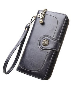 Buy Retro Vintage Button Long Zipper Wallet Black in UAE