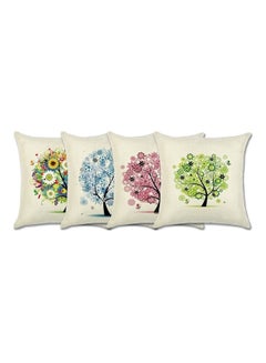 Buy 4-Piece Cartoon Trees Pattern Pillow Set Linen White/Blue/Green in UAE