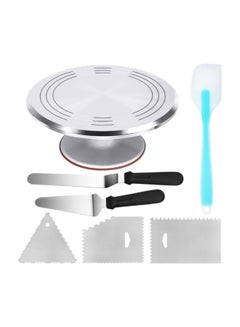 Buy 7-Piece Revolving Cake Stand With Angled Icing Spatula Silver/Black in Saudi Arabia