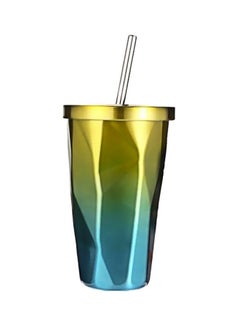 Buy Diamond Polygonal Stainless Steel Tumbler With Lid And Straw Yellow/Green/Blue in UAE