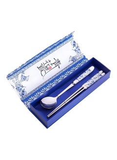 Buy 2-Piece Steel Chopsticks And Spoon Set Silver/White/Blue in Saudi Arabia