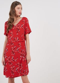 اشتري Floral Printed Short Dress Red/Black/White في السعودية