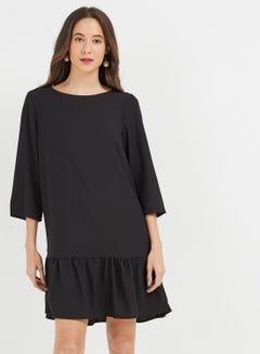 Buy Round Neck Three-Quarter Sleeve Dress Black in Saudi Arabia