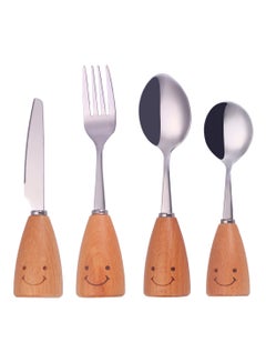 Buy 4-Piece Kids Stainless Steel Knife Fork Spoon Set With Wooden Handle Silver/Brown in Saudi Arabia
