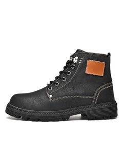 Buy Leather Lace-Up Flat Boots Black in UAE