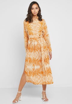 Buy Zebra Print Pleated Shirt Dress Animal Print in Saudi Arabia