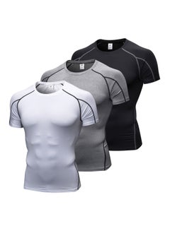 Buy 3-Piece Quick Dry Workout T-Shirt Set White/Grey/Black in Saudi Arabia